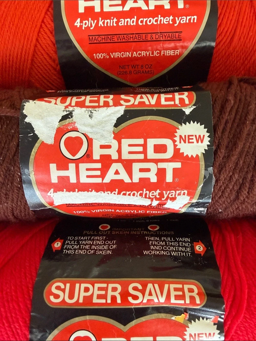 Red Heart Super Saver Yarn - Mixed Reds, Oranges, Brown. 5 Skein Bundle.